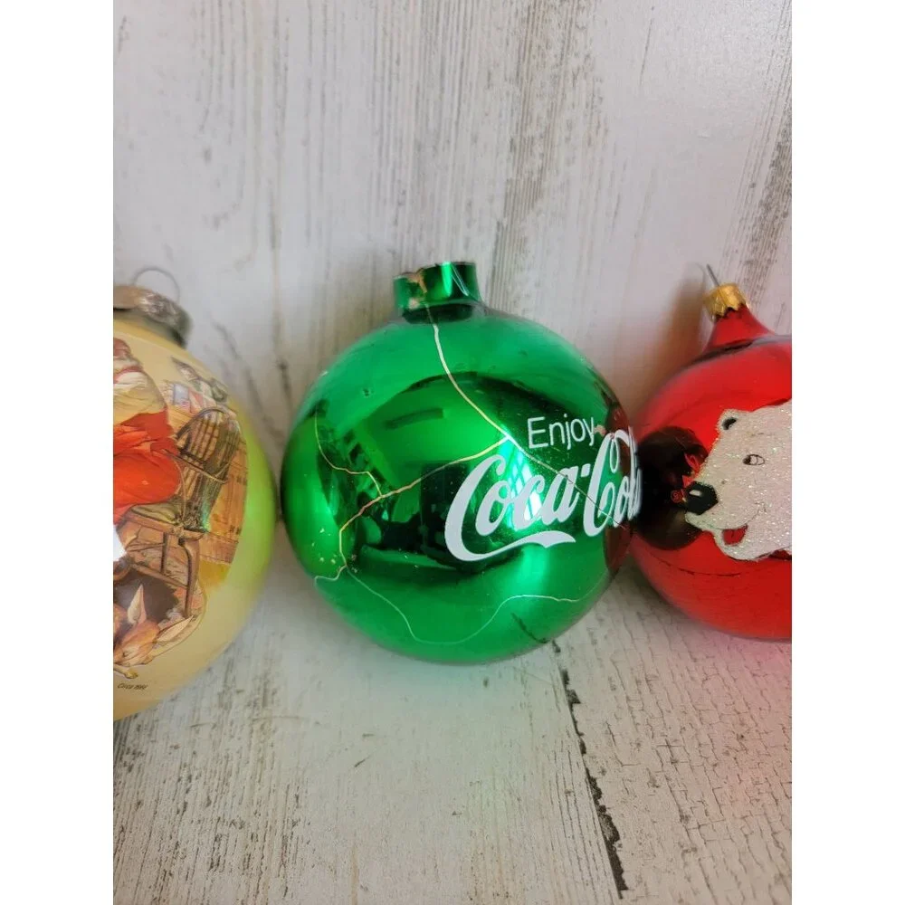 Vintage AS IS glass ball coke cola polar‎ bear ornament Xmas set unique